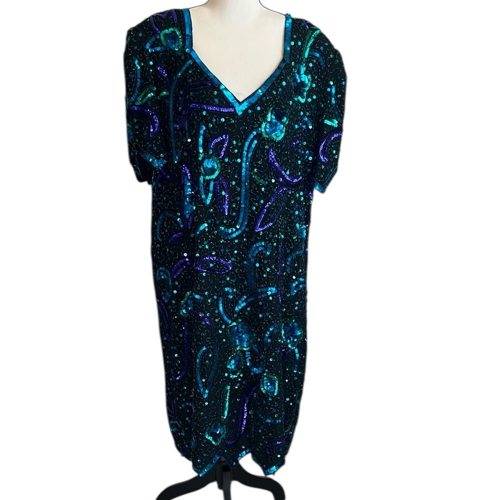 Scala Black Silk Dress with Blue Purple Green Sequins Sz 3X Vintage 80s Evening